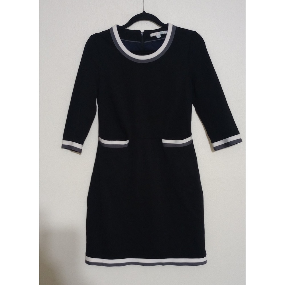Boden Gloria Ponte Knit Dress 3/4 Sleeve Size 8R Black w/White Trim Retro
